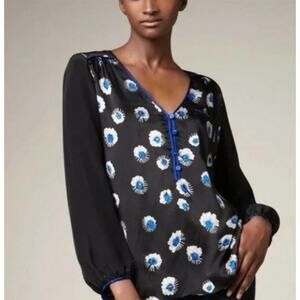 Rebecca Taylor blouse Women's 2 Black Cobalt Starflower Floral Silk Boho Peasant